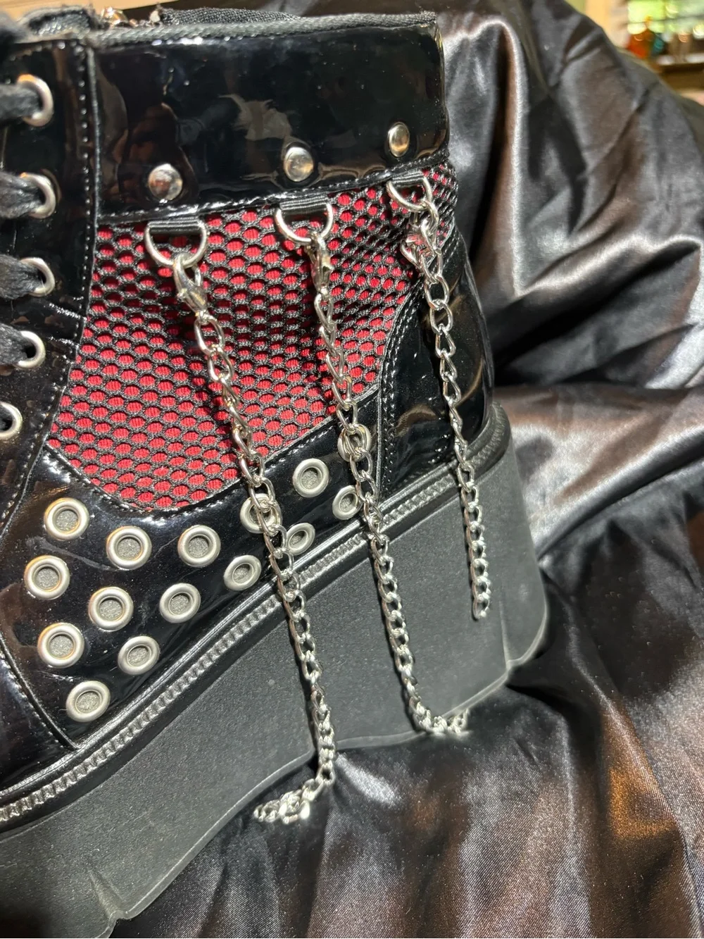 Black & Red Mesh Platform Booties with Chain Detail - Size US 9 / EU 40